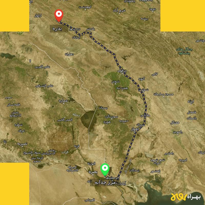 مسافت و فاصله بدره - ایلام تا مرز چذابه - استان خوزستان - اردیبهشت ۱۴۰۳