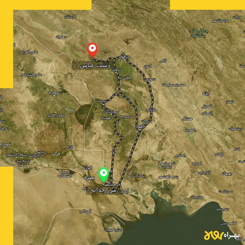 مسافت و فاصله دشت عباس - ایلام تا مرز چذابه - استان خوزستان از ۳ مسیر - اردیبهشت ۱۴۰۳