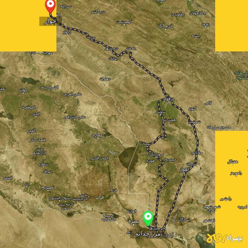 مسافت و فاصله چوار - ایلام تا مرز چذابه - استان خوزستان از ۲ مسیر - آذر ۱۴۰۳