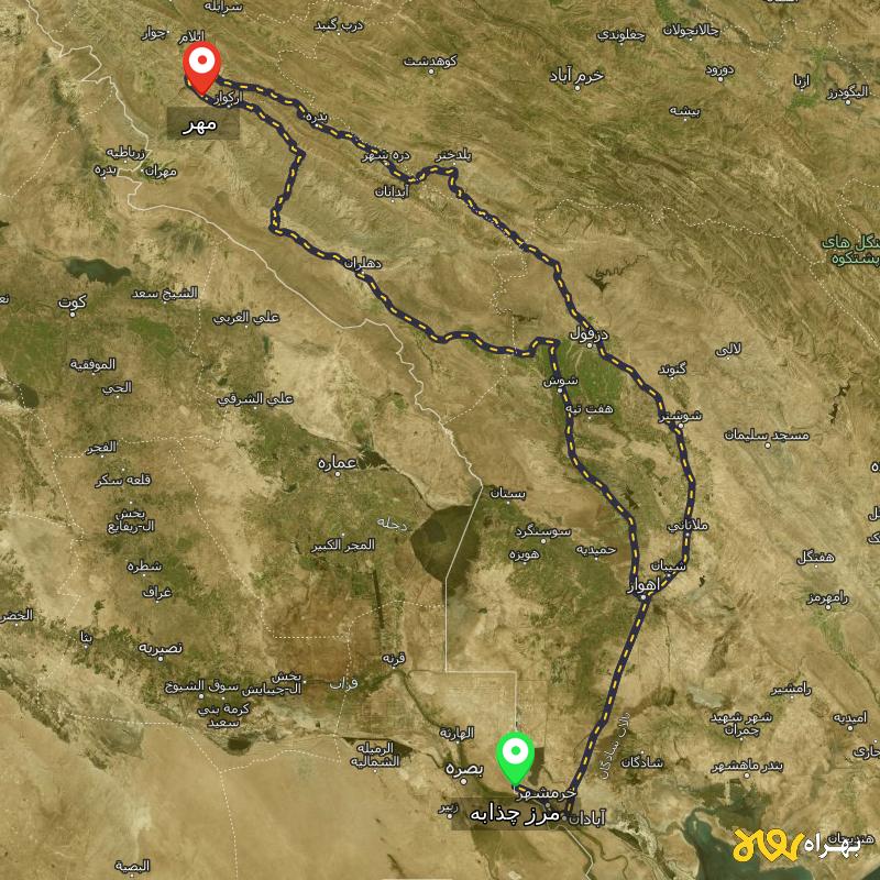 مسافت و فاصله مهر - ایلام تا مرز چذابه - استان خوزستان از ۲ مسیر - مهر ۱۴۰۳