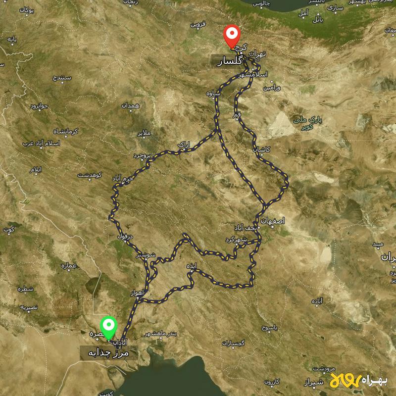 مسافت و فاصله گلسار - البرز تا مرز چذابه - استان خوزستان از ۳ مسیر - آذر ۱۴۰۳