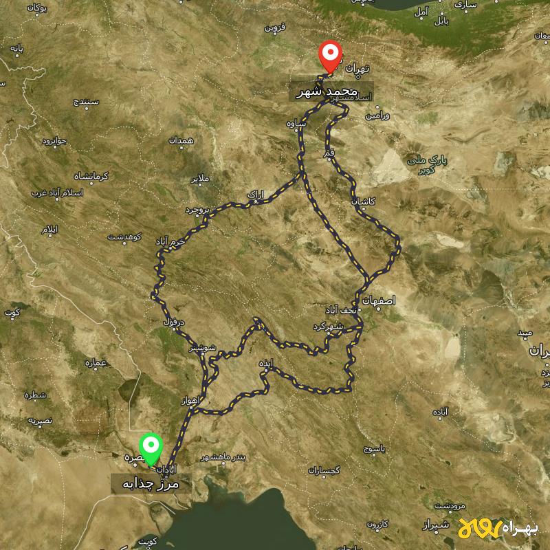 مسافت و فاصله محمد شهر - البرز تا مرز چذابه - استان خوزستان از ۳ مسیر - دی ۱۴۰۳