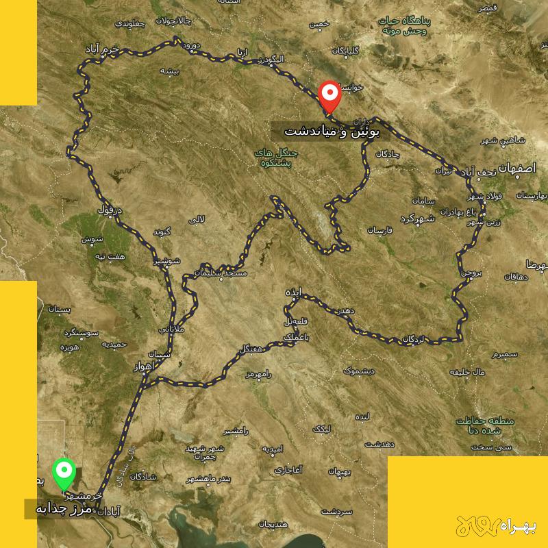 مسافت و فاصله بوئین و میاندشت - اصفهان تا مرز چذابه - استان خوزستان از ۳ مسیر - اردیبهشت ۱۴۰۳
