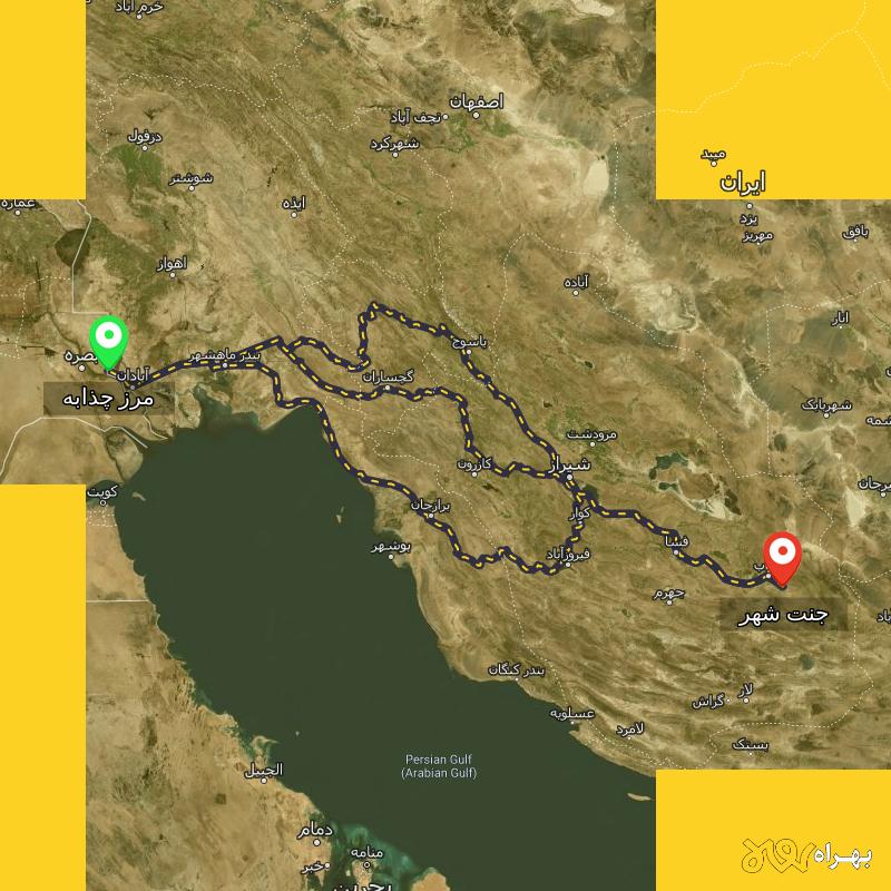 مسافت و فاصله جنت شهر - فارس تا مرز چذابه - استان خوزستان از ۳ مسیر - اردیبهشت ۱۴۰۳