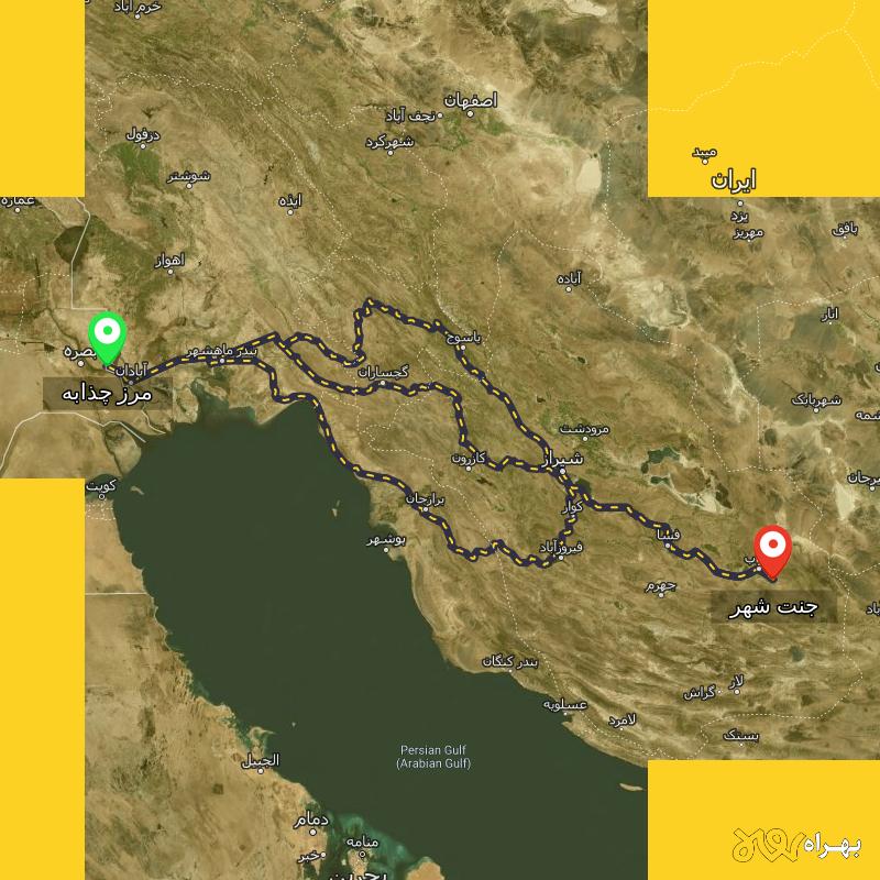 مسافت و فاصله جنت شهر - فارس تا مرز چذابه - استان خوزستان از ۳ مسیر - دی ۱۴۰۳