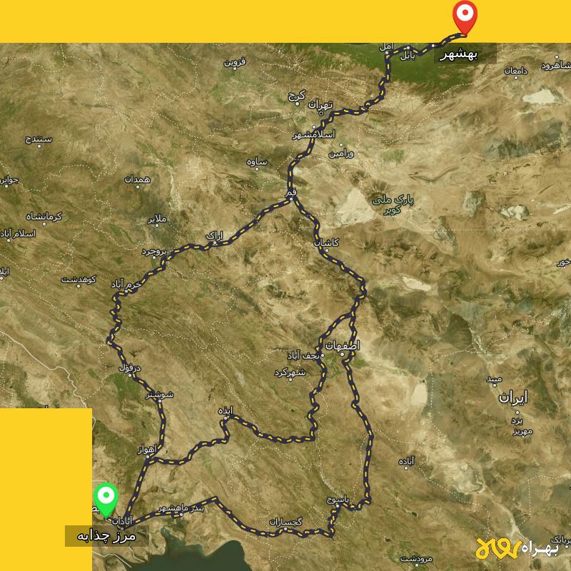 مسافت و فاصله بهشهر - مازندران تا مرز چذابه - استان خوزستان از ۳ مسیر - مهر ۱۴۰۳