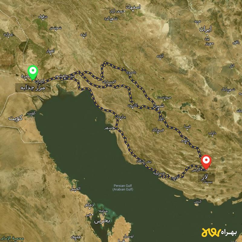 مسافت و فاصله لار - فارس تا مرز چذابه - استان خوزستان از ۳ مسیر - اردیبهشت ۱۴۰۳