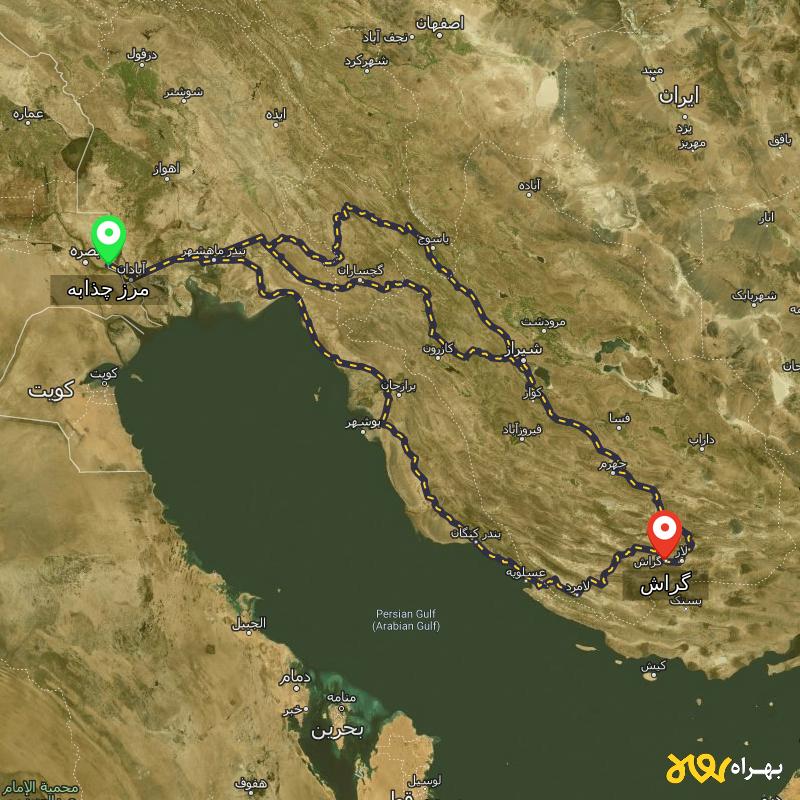 مسافت و فاصله گراش - فارس تا مرز چذابه - استان خوزستان از ۳ مسیر - مرداد ۱۴۰۳