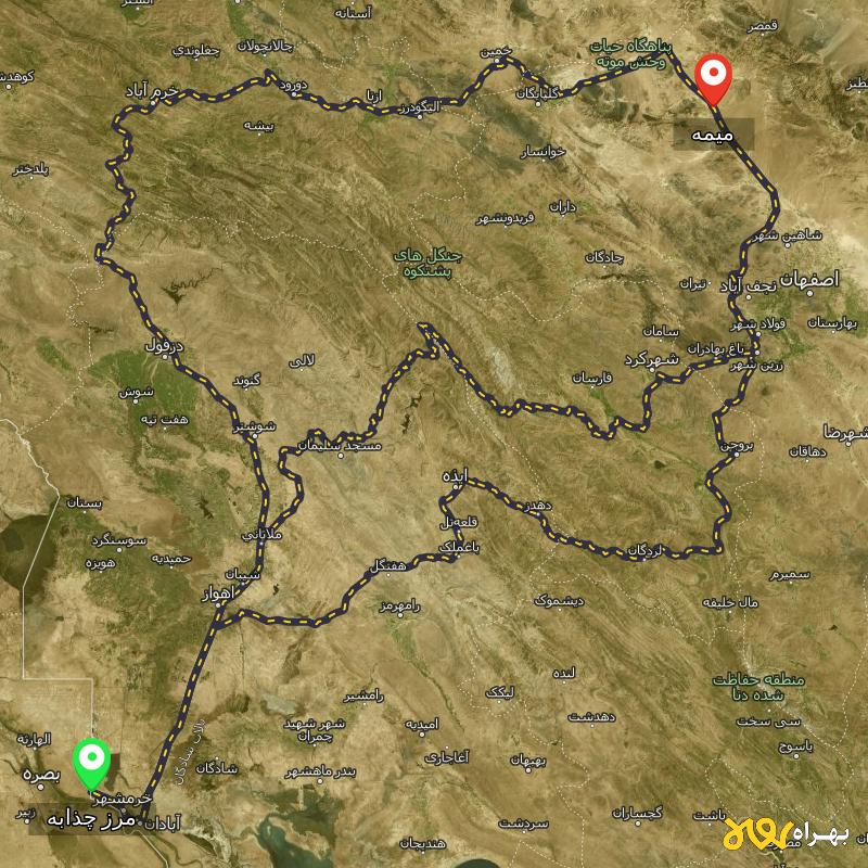 مسافت و فاصله میمه - اصفهان تا مرز چذابه - استان خوزستان از ۳ مسیر - شهریور ۱۴۰۳
