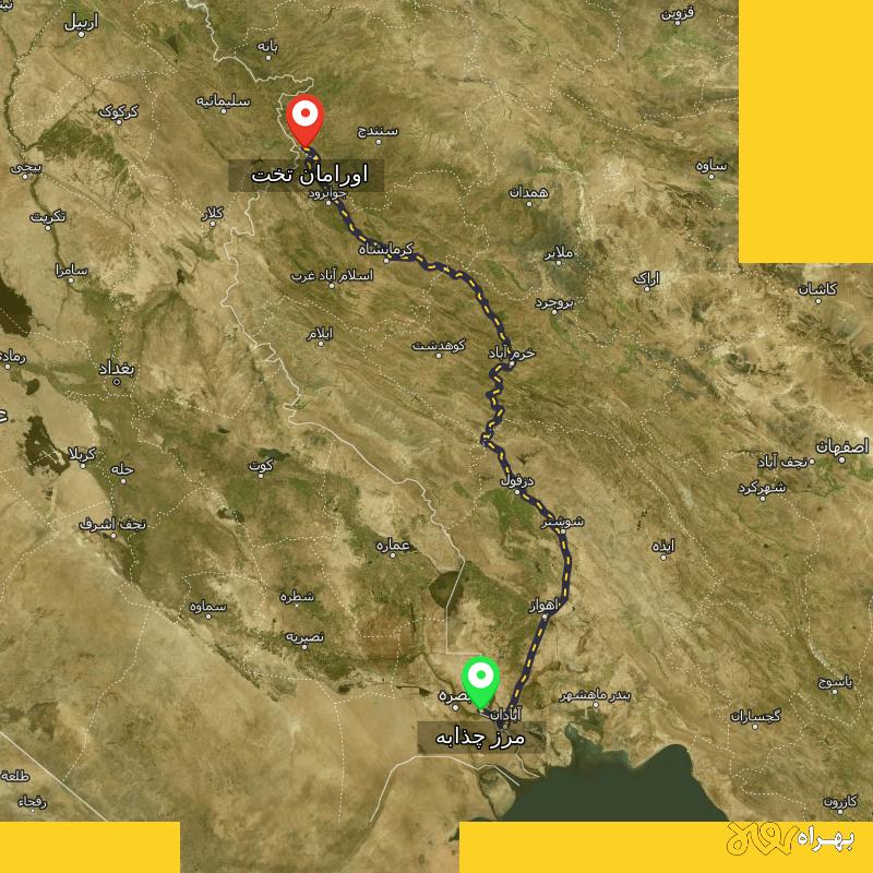 مسافت و فاصله اورامان تخت - کردستان تا مرز چذابه - استان خوزستان - اردیبهشت ۱۴۰۳