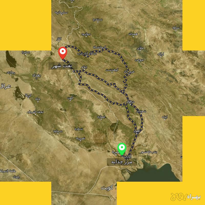 مسافت و فاصله نفت شهر - کرمانشاه تا مرز چذابه - استان خوزستان از ۳ مسیر - اردیبهشت ۱۴۰۳