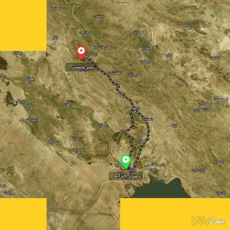 مسافت و فاصله سرمست - کرمانشاه تا مرز چذابه - استان خوزستان از ۲ مسیر - اردیبهشت ۱۴۰۳