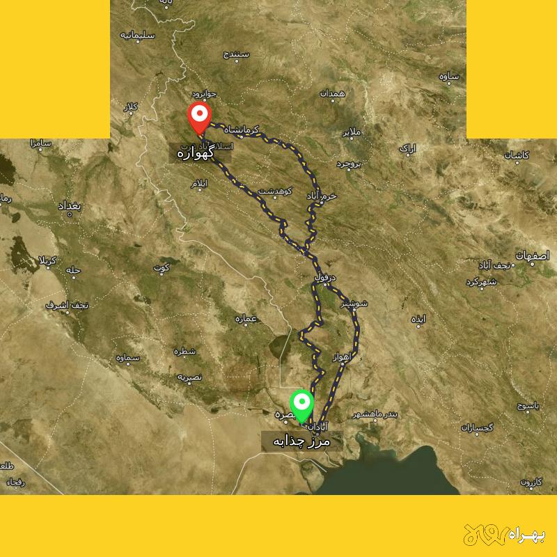 مسافت و فاصله گهواره - کرمانشاه تا مرز چذابه - استان خوزستان از ۳ مسیر - اردیبهشت ۱۴۰۳