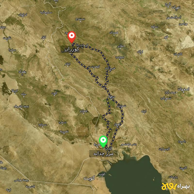 مسافت و فاصله کوزران - کرمانشاه تا مرز چذابه - استان خوزستان از ۳ مسیر - اردیبهشت ۱۴۰۳