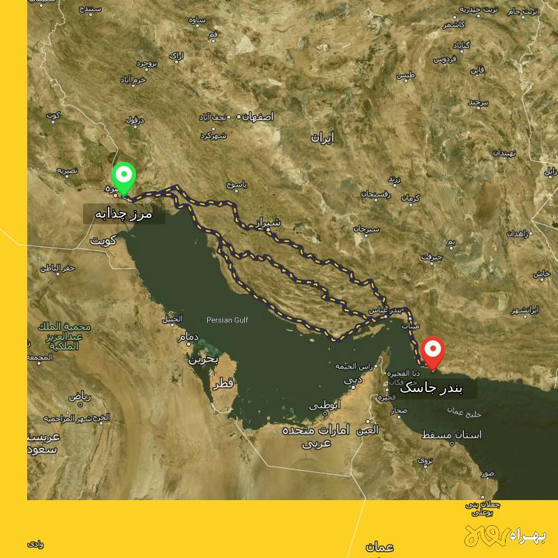 مسافت و فاصله بندر جاسک - هرمزگان تا مرز چذابه - استان خوزستان از ۳ مسیر - شهریور ۱۴۰۳