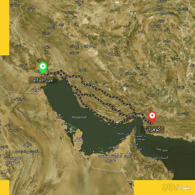 مسافت و فاصله گوهران - هرمزگان تا مرز چذابه - استان خوزستان از ۳ مسیر - مرداد ۱۴۰۳