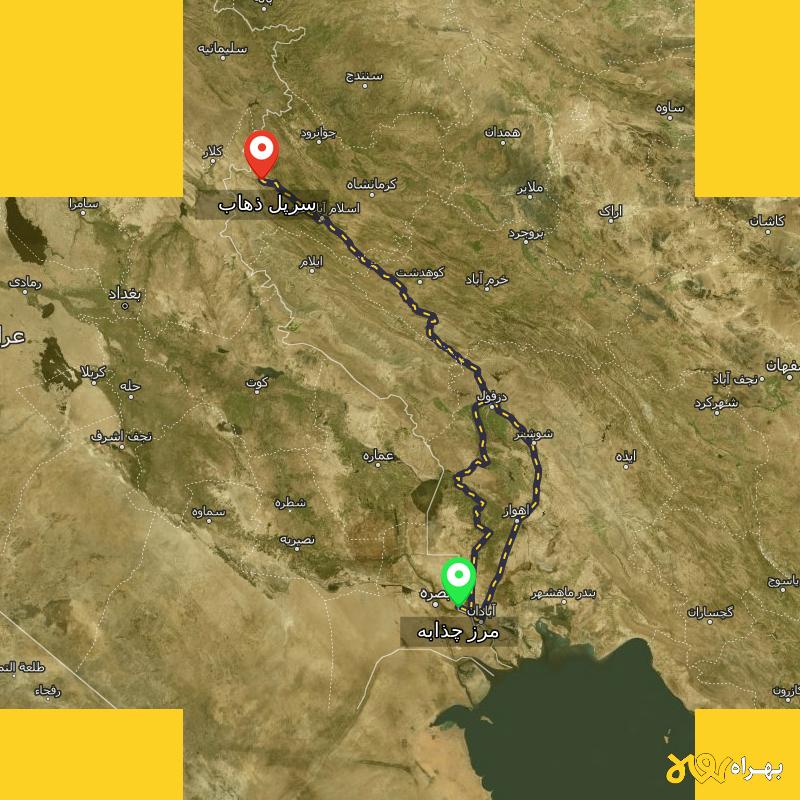 مسافت و فاصله سرپل ذهاب - کرمانشاه تا مرز چذابه - استان خوزستان از ۲ مسیر - اردیبهشت ۱۴۰۳