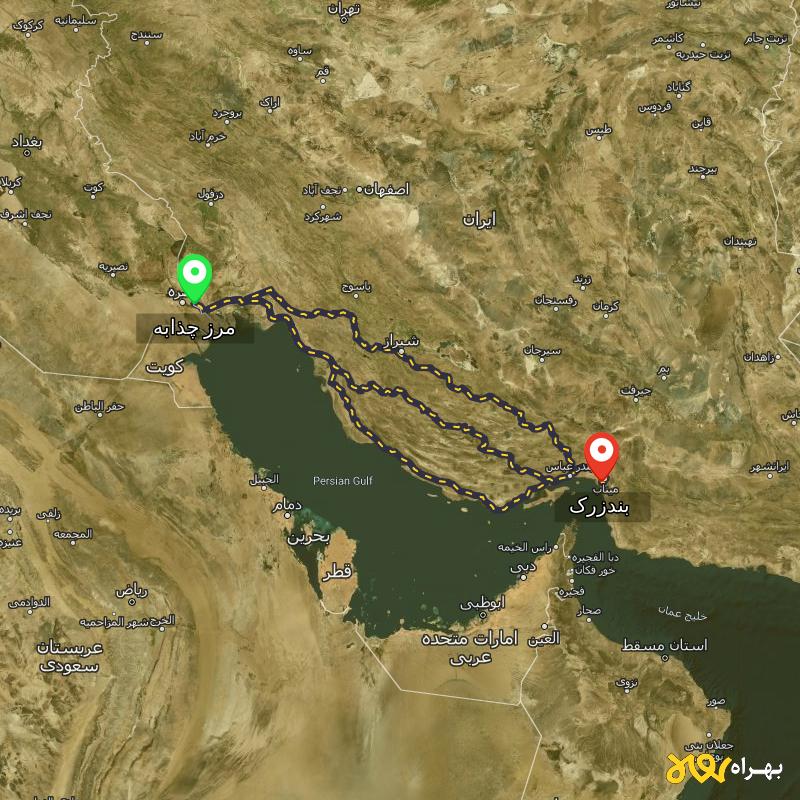 مسافت و فاصله بندزرک - هرمزگان تا مرز چذابه - استان خوزستان از ۳ مسیر - اردیبهشت ۱۴۰۳