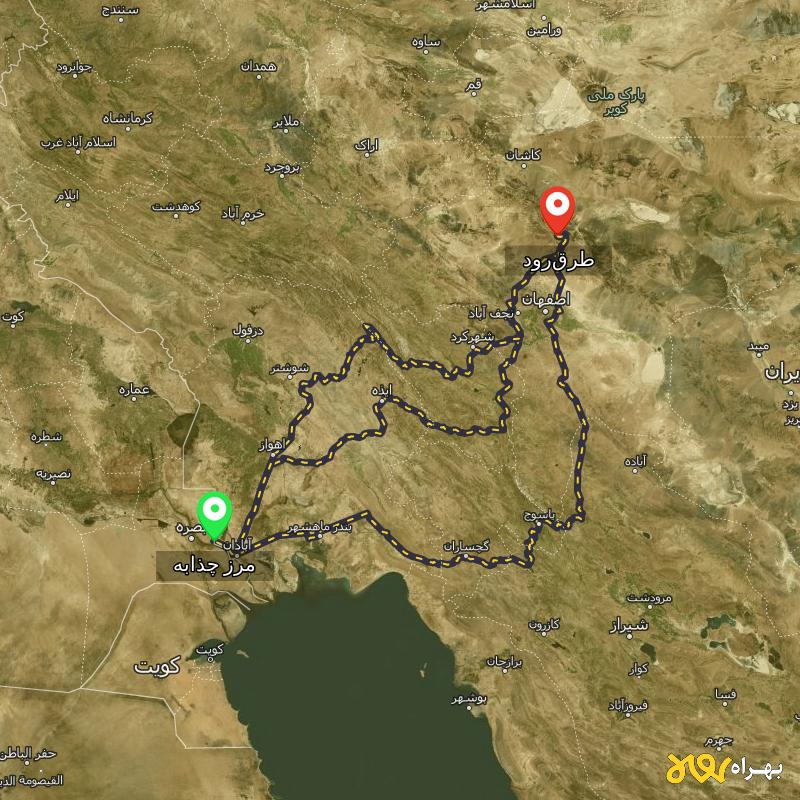 مسافت و فاصله طرق‌رود - اصفهان تا مرز چذابه - استان خوزستان از ۳ مسیر - آبان ۱۴۰۳