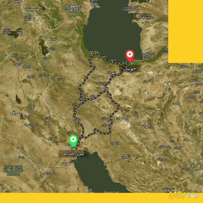 مسافت و فاصله جویبار - مازندران تا مرز چذابه - استان خوزستان از ۳ مسیر - اردیبهشت ۱۴۰۳
