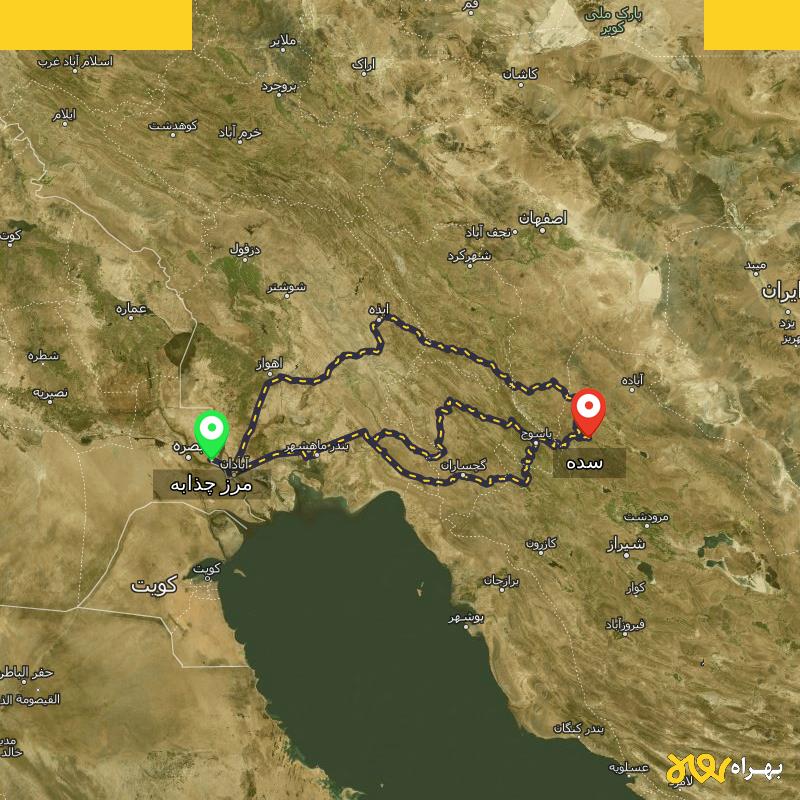 مسافت و فاصله سده - فارس تا مرز چذابه - استان خوزستان از ۳ مسیر - اردیبهشت ۱۴۰۳