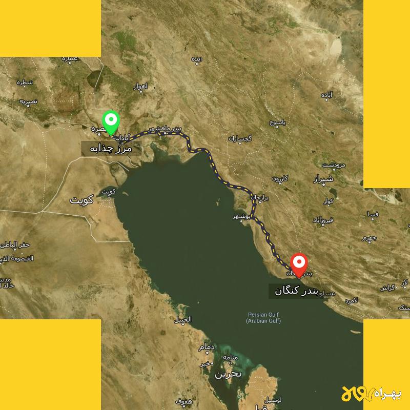 مسافت و فاصله بندر کنگان - بوشهر تا مرز چذابه - استان خوزستان - اسفند ۱۴۰۳