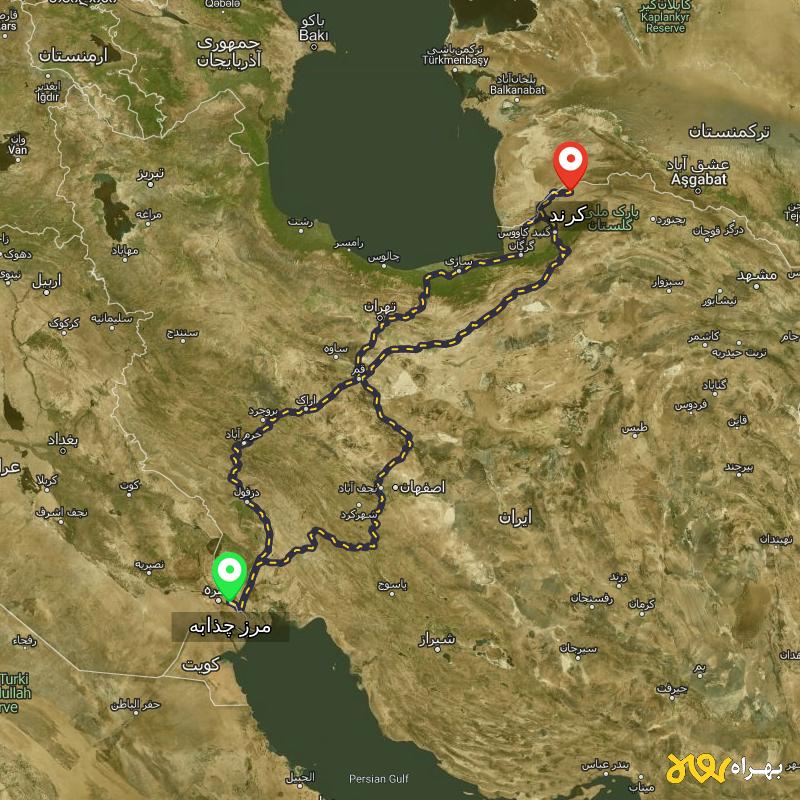 مسافت و فاصله کرند - گلستان تا مرز چذابه - استان خوزستان از ۳ مسیر - اردیبهشت ۱۴۰۳