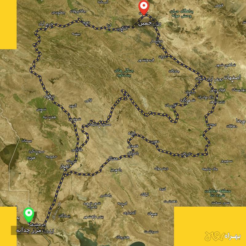 مسافت و فاصله خمین - مرکزی تا مرز چذابه - استان خوزستان از ۳ مسیر - اردیبهشت ۱۴۰۳