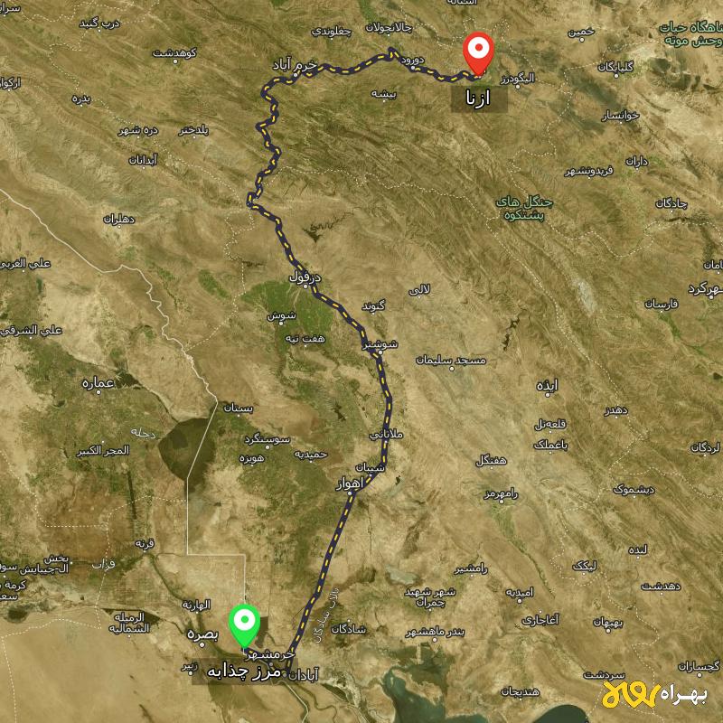 مسافت و فاصله ازنا - لرستان تا مرز چذابه - استان خوزستان - مرداد ۱۴۰۳