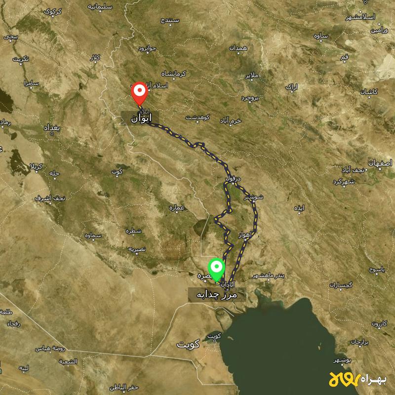 مسافت و فاصله ایوان - ایلام تا مرز چذابه - استان خوزستان از ۲ مسیر - آبان ۱۴۰۳