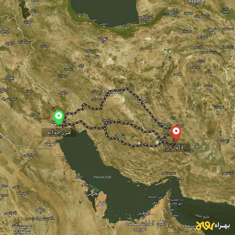 مسافت و فاصله لاله زار - کرمان تا مرز چذابه - استان خوزستان از ۳ مسیر - اردیبهشت ۱۴۰۳