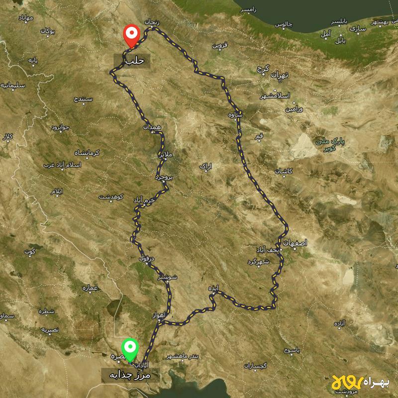 مسافت و فاصله حلب - زنجان تا مرز چذابه - استان خوزستان از ۲ مسیر - اردیبهشت ۱۴۰۳