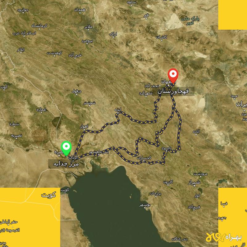 مسافت و فاصله قهجاورستان - اصفهان تا مرز چذابه - استان خوزستان از ۳ مسیر - شهریور ۱۴۰۳