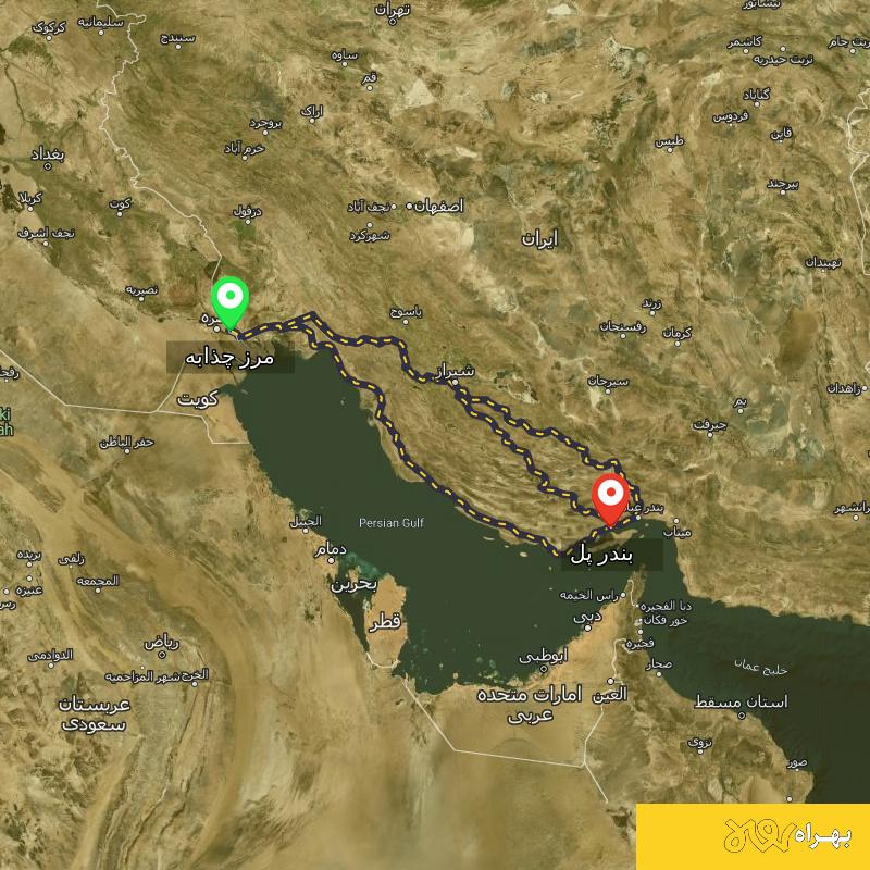 مسافت و فاصله بندر پل - هرمزگان تا مرز چذابه - استان خوزستان از ۳ مسیر - اردیبهشت ۱۴۰۳