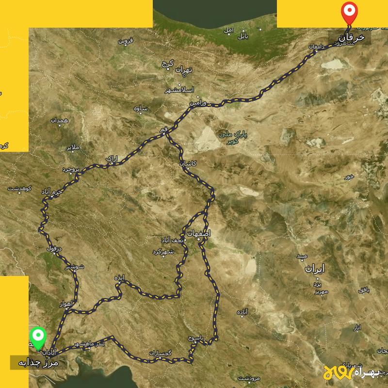 مسافت و فاصله خرقان - سمنان تا مرز چذابه - استان خوزستان از ۳ مسیر - اردیبهشت ۱۴۰۳