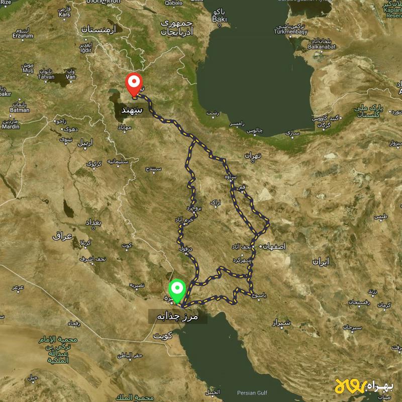 مسافت و فاصله سهند - آذربایجان شرقی تا مرز چذابه - استان خوزستان از ۳ مسیر - مهر ۱۴۰۳