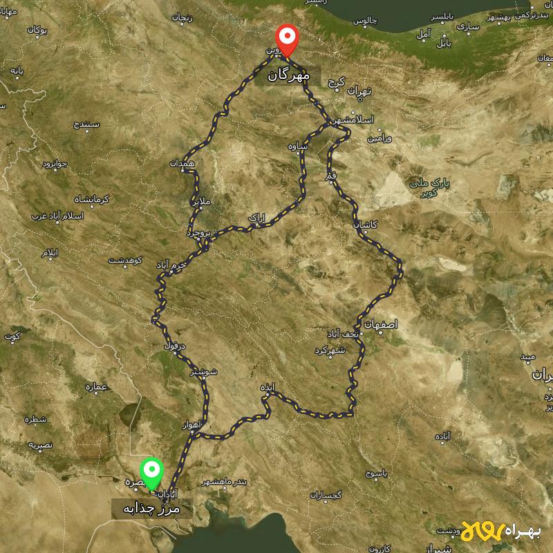 مسافت و فاصله مهرگان - قزوین تا مرز چذابه - استان خوزستان از ۳ مسیر - اردیبهشت ۱۴۰۳
