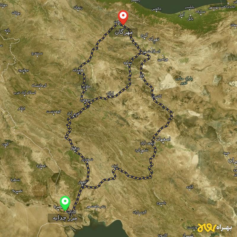 مسافت و فاصله مهرگان - قزوین تا مرز چذابه - استان خوزستان از ۳ مسیر - آذر ۱۴۰۳