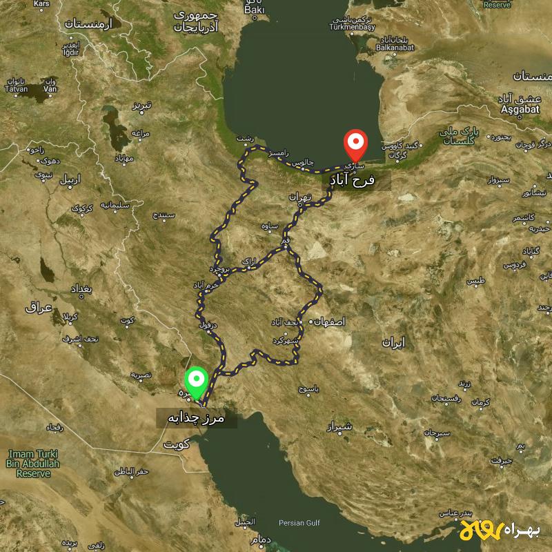 مسافت و فاصله فرح آباد - مازندران تا مرز چذابه - استان خوزستان از ۳ مسیر - اردیبهشت ۱۴۰۳