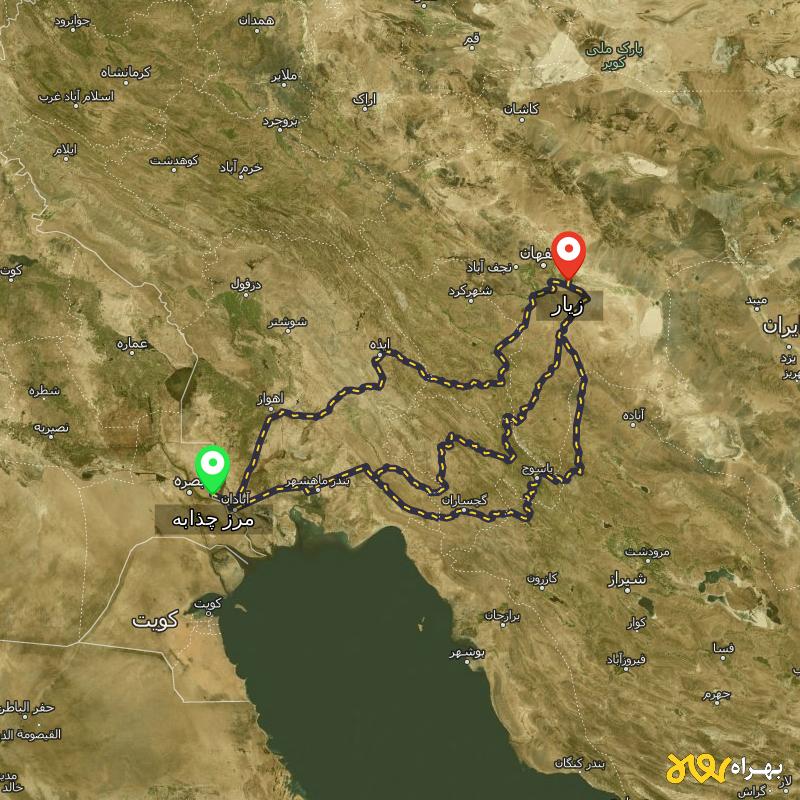 مسافت و فاصله زیار - اصفهان تا مرز چذابه - استان خوزستان از ۳ مسیر - اردیبهشت ۱۴۰۳