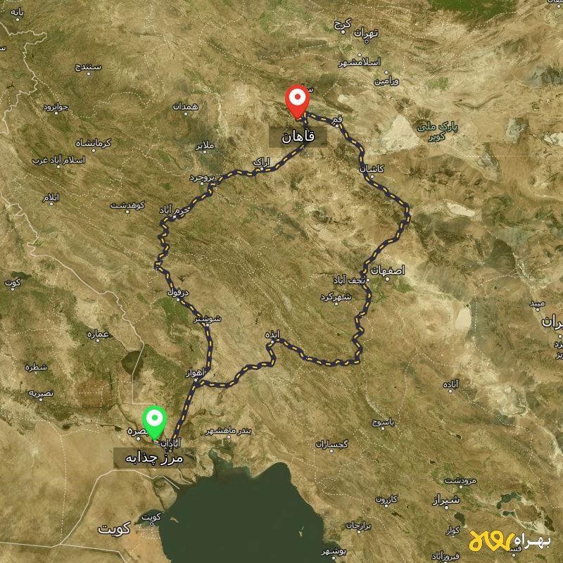 مسافت و فاصله قاهان - قم تا مرز چذابه - استان خوزستان از ۲ مسیر - اردیبهشت ۱۴۰۳