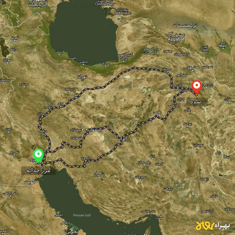 مسافت و فاصله سده - خراسان رضوی تا مرز چذابه - استان خوزستان از ۳ مسیر - اردیبهشت ۱۴۰۳