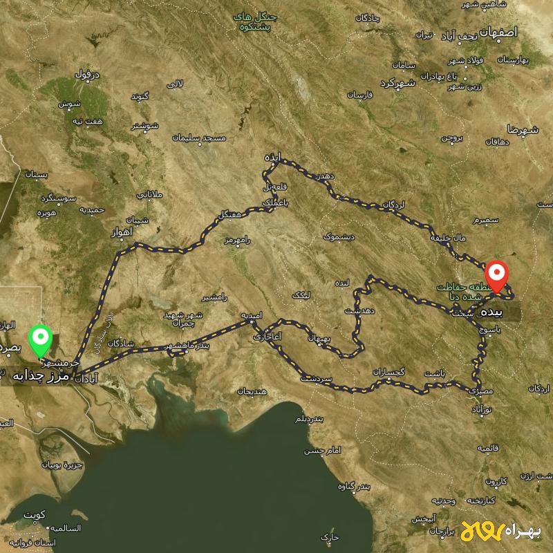 مسافت و فاصله بیده - اصفهان تا مرز چذابه - استان خوزستان از ۳ مسیر - اردیبهشت ۱۴۰۳