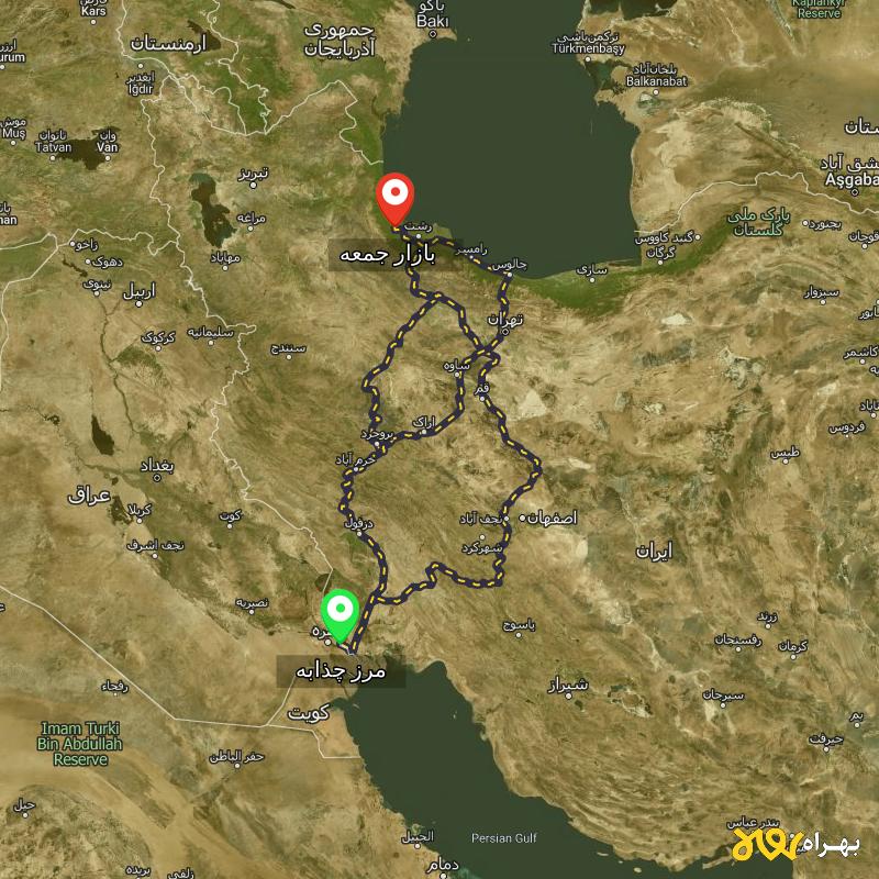 مسافت و فاصله بازار جمعه - گیلان تا مرز چذابه - استان خوزستان از ۳ مسیر - اردیبهشت ۱۴۰۳