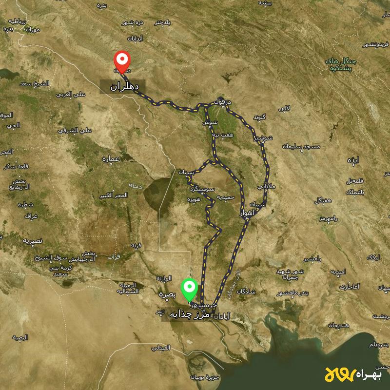 مسافت و فاصله دهلران - ایلام تا مرز چذابه - استان خوزستان از ۳ مسیر - اردیبهشت ۱۴۰۳