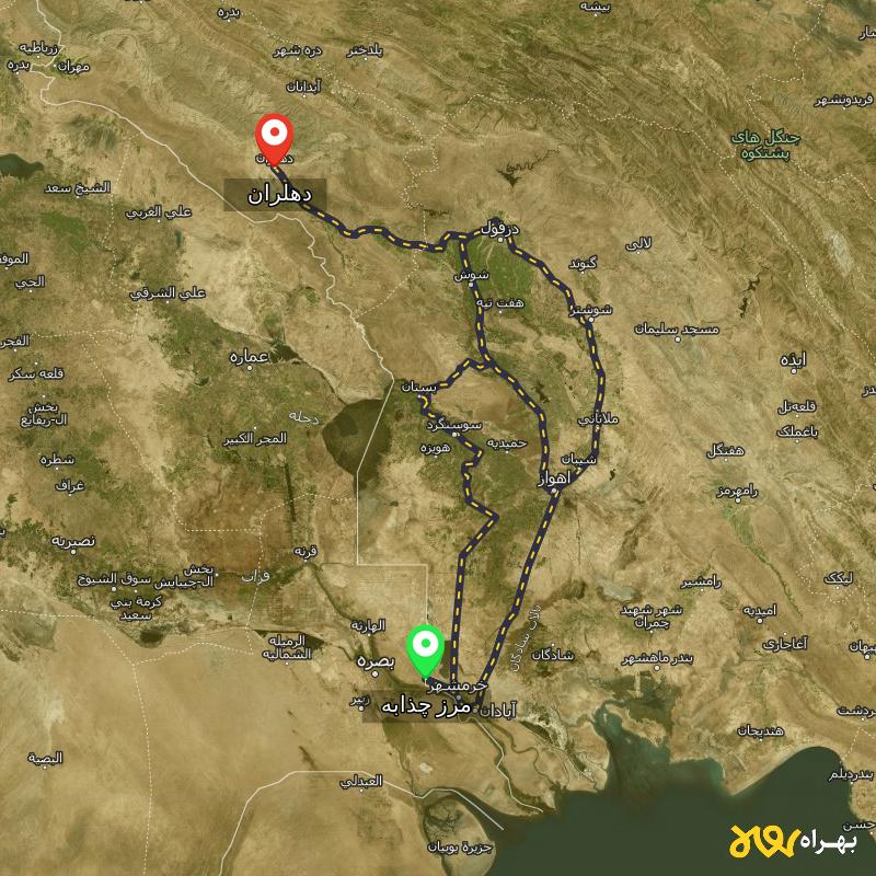 مسافت و فاصله دهلران - ایلام تا مرز چذابه - استان خوزستان از ۳ مسیر - آذر ۱۴۰۳