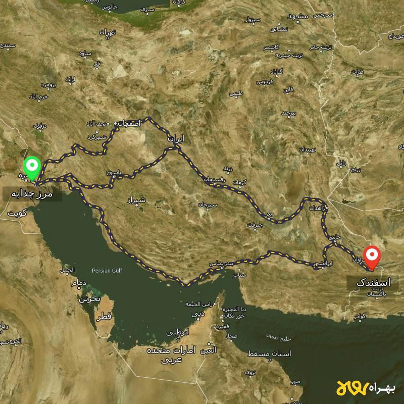مسافت و فاصله اسفندک - سیستان و بلوچستان تا مرز چذابه - استان خوزستان از ۳ مسیر - اردیبهشت ۱۴۰۳
