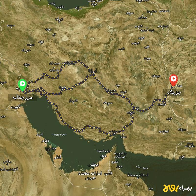 مسافت و فاصله جزینک - سیستان و بلوچستان تا مرز چذابه - استان خوزستان از ۳ مسیر - شهریور ۱۴۰۳