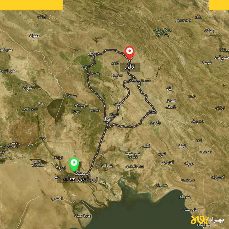 مسافت و فاصله لالی - خوزستان تا مرز چذابه - استان خوزستان از ۳ مسیر - اردیبهشت ۱۴۰۳