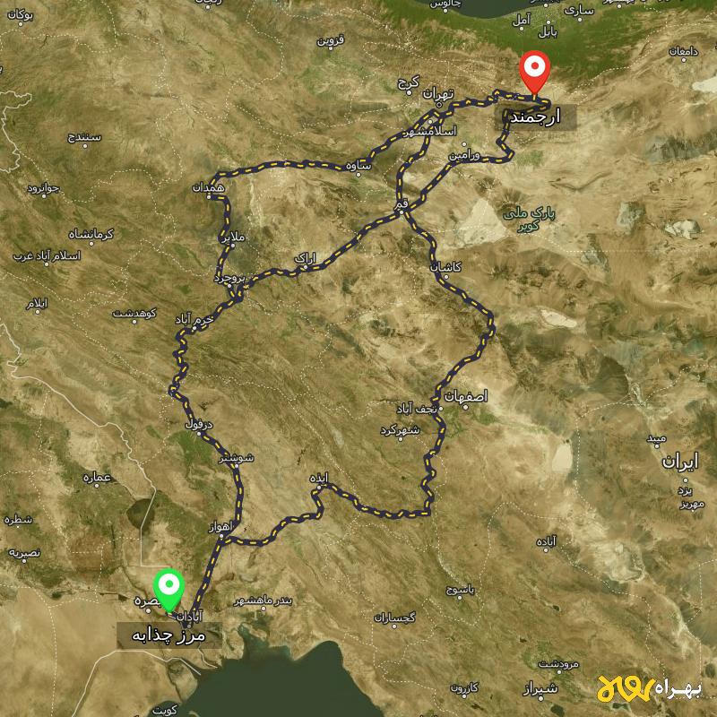 مسافت و فاصله ارجمند - تهران تا مرز چذابه - استان خوزستان از ۳ مسیر - اردیبهشت ۱۴۰۳